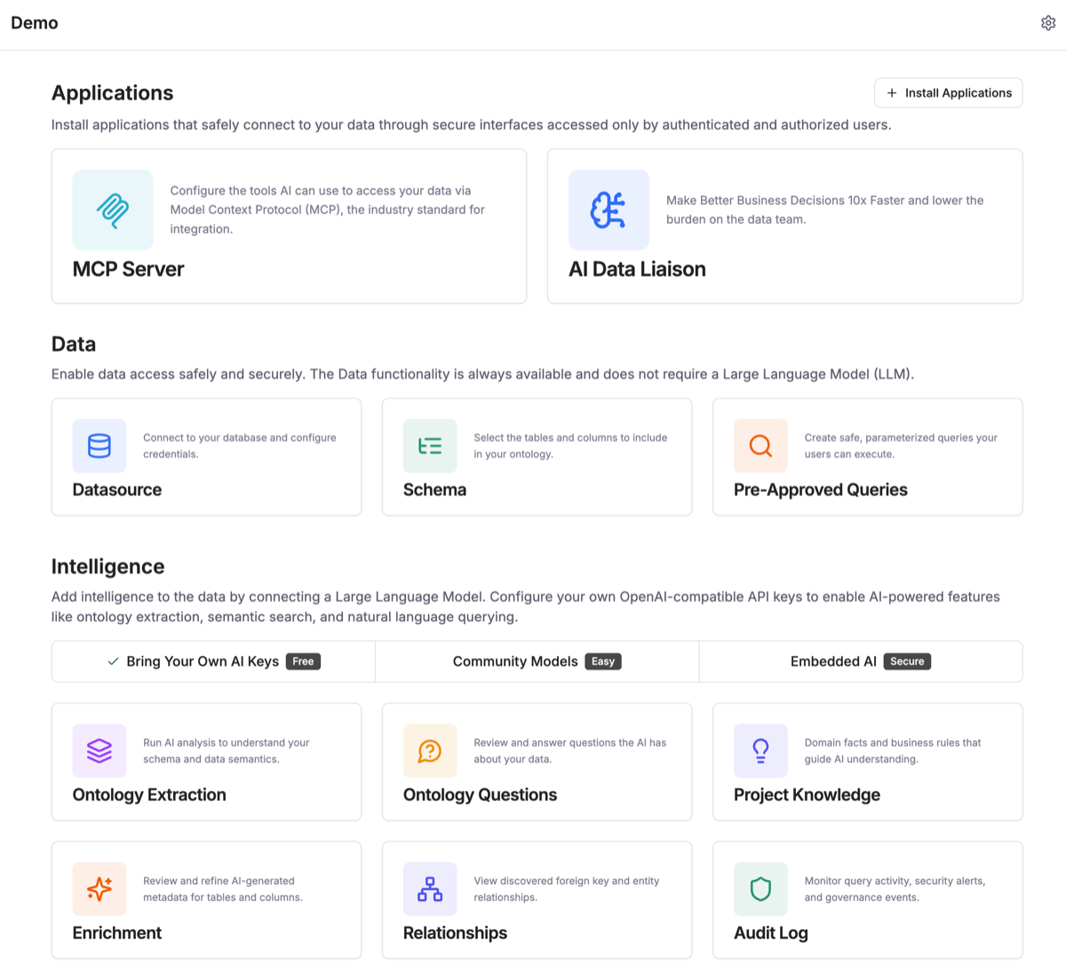Ekaya Demo Project screen showing the project configuration and ontology management interface